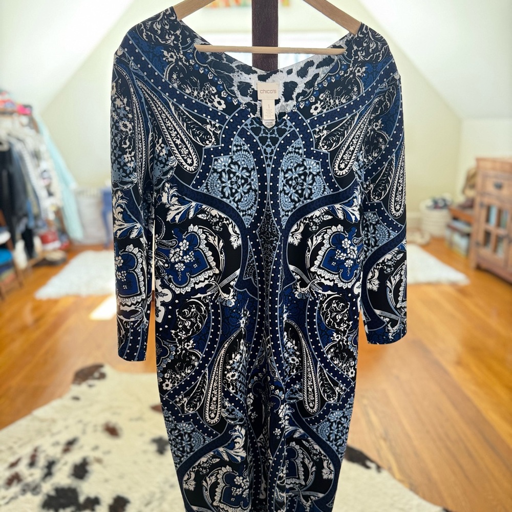 Chico's Blue and Black Bodycon Cocktail Dress